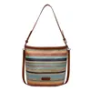 Bolsa de playa de paja a rayas de colores para mujer, bolso de hombro vintage con correa ancha, bolso cubo tejido casual para viajes con bloques de color para mujer