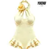 Traje de baño de una pieza floral nuevo 2026 con cuello halter, escote en V profundo y dobladillo con volantes, corte ajustado para vacaciones en la costa, playa y aguas termales