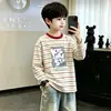 Camiseta listrada para meninos novo estilo algodão puro roupa infantil média grande média grande infantil temporada primavera outono manga longa camada base criança menino top