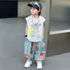 Conjunto de Colete Sem Manga para Meninos 26 Novo Estilo de Verão Crianças Estilo Coreano Shorts Jeans Conjunto de Duas Peças Roupas de Verão para Bebês