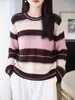 Nueva colección otoño e invierno 2026: Suéter de lana de punto fino con cuello redondo, manga larga, bloques de color para mujer, calado, top base de ajuste holgado