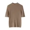 Camiseta de malha base gola alta 100% imitação de lã pura para mulheres, manga média, padrão espinha de peixe, suéter slim fit, top para camada interna