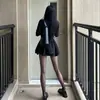 Vestido Negro de Manga Larga y Cuello Semi-alto para Mujer Otoño e Invierno Cintura Ceñida Falda Tutú Adelgazante Falda Base Interior