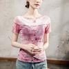 Camiseta de Malla Estampada Off-Shoulder para Mujer, Manga Corta con Bordes Fruncidos, Nuevo Top Fino Transparente de Verano 2025