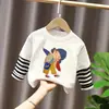Camiseta infantil de algodón puro de manga larga, cuello redondo, a rayas, con estampado de niña pequeña, estilo dos piezas, colección primavera/otoño 2026