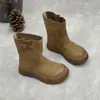 Botas de Caballero Hechas a Mano de Cuero de Vaca para Comercio Exterior 26 Otoño Invierno Nuevas Punta Redonda Suela Gruesa sin Cordones Piel Genuina Botas a Media Pantorrilla Botas Cortas para Exteriores Mujer