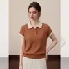 Camiseta de Manga Corta con Cuello Polo y Rayas Marrones para Mujer, Diseño de Punto de Seda Helada de Verano, Top Corto Holgado