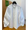Hermosa camisa blanca con botones de perla para mujer, manga larga, nuevo modelo 2025, tacto de alta gama, top casual holgado de algodón con manga de farol