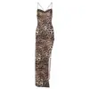 Europa e Estados Unidos transfronteiriço outono novo corrente sexy costas nuas saia irregular alta fenda moda vestido de leopardo