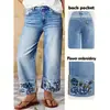 Jeans Elegante de Perna Larga com Bordado Floral Denim Lavado Jeans Stretch Adequado para Todas as Estações