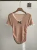 Tejido de punto con escote en V y lazo, manga corta, para mujer, verano, puro dulce, sexy, estilo ballet, top ajustado, corto