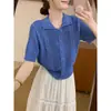 Top feminino de malha de manga curta com gola polo, fresco, elegante e versátil, novo design de verão 2026, único e chique