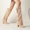 Botas Altas Retro Europeas y Americanas para Mujer Tacón Grueso Punta Fina Hebilla de Cinturón Decoración Botas Largas Gamuza Charol Botas de Caballero Otoño e Invierno Estilo Nuevo