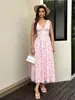 Vestido de tirantes floral con cuello en V europeo y americano, ribete de encaje, cordón en la espalda para atar la cintura, ceñido a la cintura, línea A, longitud de vestido falso
