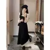 Vestido Elegante con Retazos Estilo Commuter de Primavera y Otoño, Falso Dos Piezas con Lunares y Mangas Abullonadas para Mujer, Vestido con Tiras Largas y Retazos que Oculta la Figura