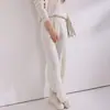 Calça de tricô de lã pura de cintura alta com jacquard de espiga de trigo com fio dourado e prateado, perna larga, calça comprida casual solta feminina, estilo outono e inverno
