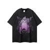 Camiseta de manga corta lavada con estampado American Street Kuso, estilo antiguo de moda nacional para hombre y mujer, camiseta de media manga con estilo relajado.