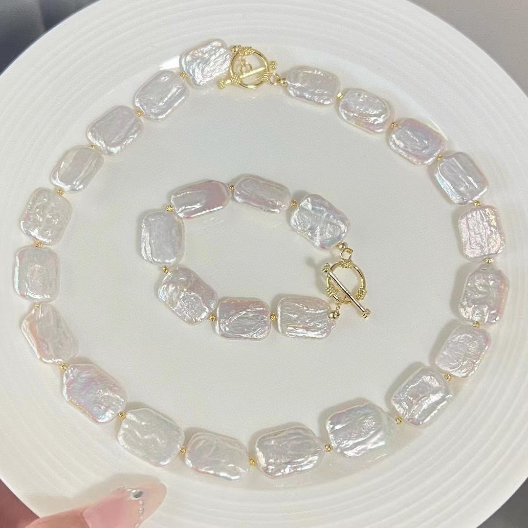 方块巴洛克两件套装天然强光方巴洛克淡水珍珠14k注