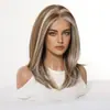 Peluca Mono sin Pegamento para Mujer, Seda Importada, Raya Natural y Realista, Cabello Largo Recto Castaño con Mechas, Fácil de Poner en Cinco Segundos