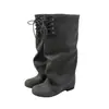 Jialuoya Botas Longas Pretas com Bico Redondo Femininas Retrô com Cadarço Babados Couro Empilhado Aumento de Altura Interna Circunferência Grande da Panturrilha Bota Feminina