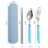 Set de Cubiertos Portátil Acero Inoxidable Cuchara, Palillos, Tenedor, Hogar Estudiante Plástico Mango Curvo Cubiertos Set de Tres Piezas para Ventas Transfronterizas