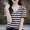 Camiseta de punto de manga corta holgada casual de hilo de algodón para mujer, con rayas horizontales, cuello en V, rejuvenecedora, nueva para primavera y verano