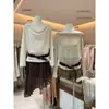 OFICIAL - Blusa feminina estilosa de outono com gola de babado pequena e detalhes vazados (com cinto) 28866
