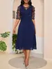 Conjunto de Vestido con Chal de Malla Floral de Color Sólido para Mujer con Mangas Medias, Cuello en V, Falda Línea A que Ceñe la Cintura, Nuevo Estilo Elegante Primavera 2026