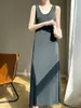 Vestido Largo Casual Sin Mangas de Hielo de Seda con Volantes Sencillo de Color Sólido Cuello en U para Mujer, Transpirable, Cómodo, con Perlas, Estilo Francés, Hasta la Rodilla