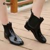 2019 Botas de Lluvia Cálidas Zapatos Acuáticos de Corte Bajo en Forma de U Estilo Coreano Elásticas Brillantes Botas de Lluvia para Mujer Tacón Bajo Estilo Funcional para Exteriores