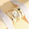 Relógio Feminino Xsvo Versátil Novo Estilo Personalidade Elegante Formato Balde Numerais Romanos Pulseira de Aço Quartzo Bracelete Trevo de Quatro Folhas