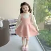 Conjunto de Lã Duas Peças para Meninas Suéter Base Cartoon de Bebê Suéter de Tricô Crianças Pequenas e Médias Novo Conjunto de Vestido Tendência