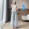 Pantalones casuales cortos azul marino para mujer, estilo fino de verano, diseño nuevo con bordes huecos de empalme, pantalones anchos rectos holgados