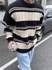 Atacado de fábrica outono e inverno estilo coreano listrado solto estilo preguiçoso gola redonda suéter masculino pulôver cor contraste suéter top