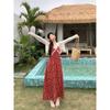 Vestido Rojo Floral con Encaje y Cuello en V con Tirantes para Mujer Verano 2025 Dopamina Cintura Pellizcada Espalda Descubierta Falda Larga