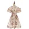 Vestuário feminino transfronteiriço: Vestido de guarda-chuva com mangas bufantes e cadarço de renda, justo, vestido curto de seda e linho que afina a silhueta, com cintura marcada