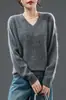 Suéter tejido de cachemira casual de alta gama con cuello en V, suéter de lana de color sólido versátil adelgazante de manga larga para mujer, otoño e invierno