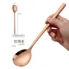 Cuchara de acero inoxidable para uso doméstico, cuchara sopera grande para plato principal de adulto de mango largo estilo coreano, linda cuchara para comer para niños