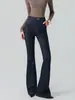 Calça jeans flare estilo americano para mulheres, nova, cintura alta, modeladora, levanta bumbum, bolso com botão, flare, comprimento total