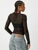 Amazon Transfronterizo Europeo y Americano Nueva Camiseta Básica de Mujer Transparente Sexy Cuello Redondo Ajustada Color Sólido Manga Larga Top de Encaje