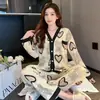 Novo Cardigã Outono/Inverno com Decote V para Pijama Feminino, Fofo, Doce, Estampado, Conjunto para Casa
