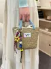 Bolso de Mano de Bloques de Color Estilo Coreano 2026 Bolso de Cesta de Paja Bolso Tejido a Mano para Vacaciones en la Playa Bolsos para Mujer