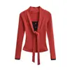 Camiseta de Manga Larga Falsa de Dos Piezas con Lazos para Mujer con Bloques de Color, Nuevo Estilo Invierno 2025, Top Ajustado con Botones Estilo Chica Picante