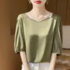 Camisa de mujer de manga corta estilo francés con cuello de satén y diamantes, diseño elegante, versátil y moderna, adelgazante, suave, sedosa, ligera y a la moda
