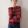 25 Anos Outono e Inverno Novo Retrô 100% Caxemira Engrossado Gola Redonda Cardigan de Tricô Jacquard Suéter de Caxemira Vermelho