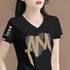 Artículo de marca con excedente de comercio exterior transfronterizo con etiquetas retiradas, camiseta de mujer con cuello en V, manga corta, corte holgado, hombro normal, top de manga corta