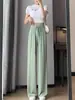 Pantalones de Pierna Ancha Finos de Seda de Hielo para Mujer de Primavera y Verano, de Cintura Alta, Caídos, Nuevo Estilo de Verano, Pantalones Casuales Adelgazantes, Pantalones Largos con Bolsillos, Transfronterizo