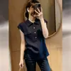 Camisa azul marino de manga corta con cuello para mujer, adecuada para el uso diario, adelgazante y versátil, nuevo modelo de verano 2026