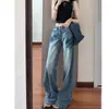 Jeans Anchos Lavados en Azul Vintage para Mujer, Otoño Delgado Estilo High Street Americano, Pantalones de Pierna Recta Sueltos de Tiro Bajo hasta el Suelo