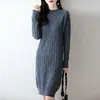 Novo vestido de malha de lã 100% de comprimento médio para outono e inverno para mulheres, gola semi-alta, espessado, saia acima do joelho